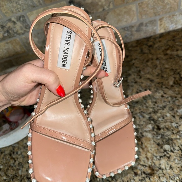 SOLD Steve Madden Zelle Camel Sandal Heels Square Toe Rhinestone - Picture 7 of 8